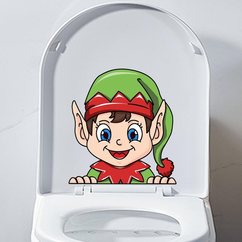 Iprokiu Christmas Toilet Sticker Funny Christmas Santa Claus Snowman Elf Toilet Seat Cover Decoration Waterproof Toilet Seat Lid Decal Bathroom Wall Sticker (Long Hat Elf) - Image 3